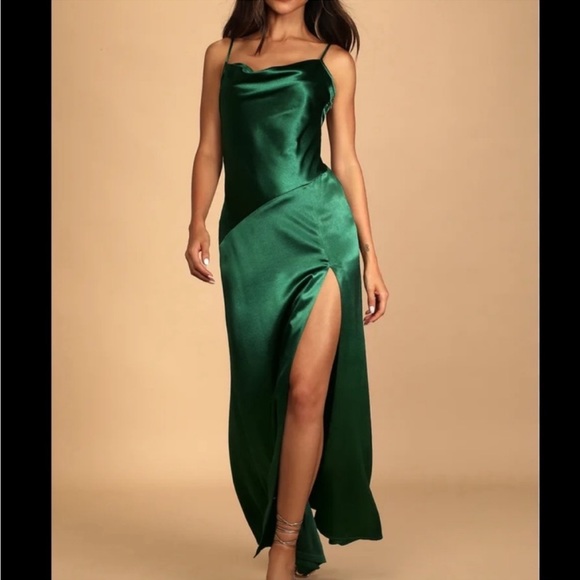 Lulus l NWT Caroline Emerald Green Satin Cowl Neck Maxi Dress - Picture 7 of 7